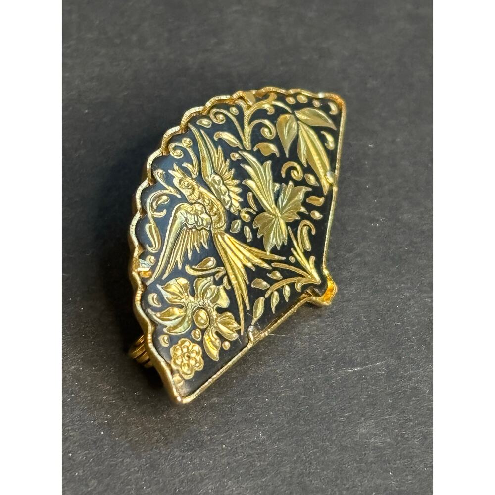 Vintage Damascene Brooch Black Gold Tone Fan Pin Statement Jewelry - Picture 2 of 4